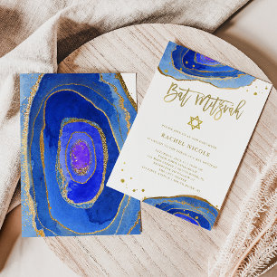 Invitation Aquarelle Blue Geode avec or BAT MITZVAH