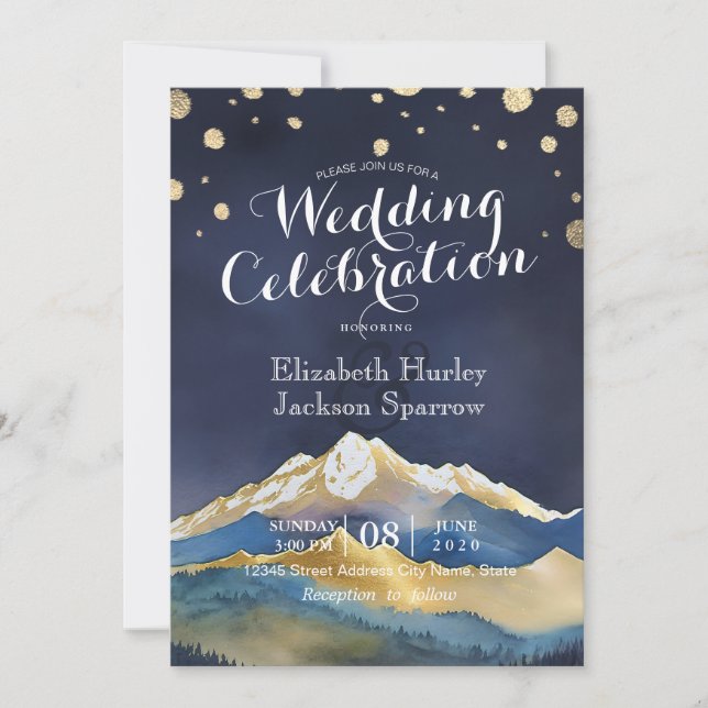 Invitation Aquarelle Blue Gold Foil Mountain Mariage extérieu (Devant)