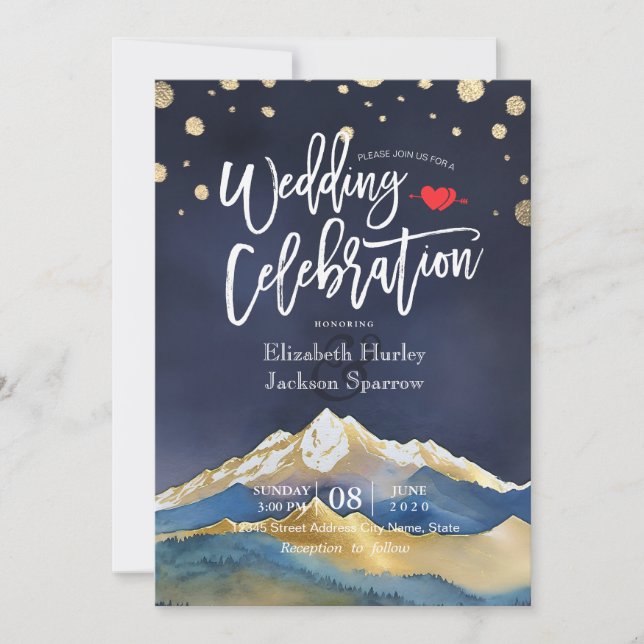 Invitation Aquarelle Blue Gold Foil Mountain Mariage extérieu (Devant)