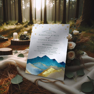 Invitation Aquarelle Blue Gold Foil Mountain Mariage extérieu