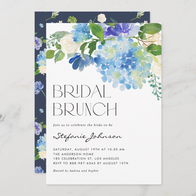 Invitation Aquarelle Blue Hydrangea Floral Bridal Brunch (Devant / Derrière)