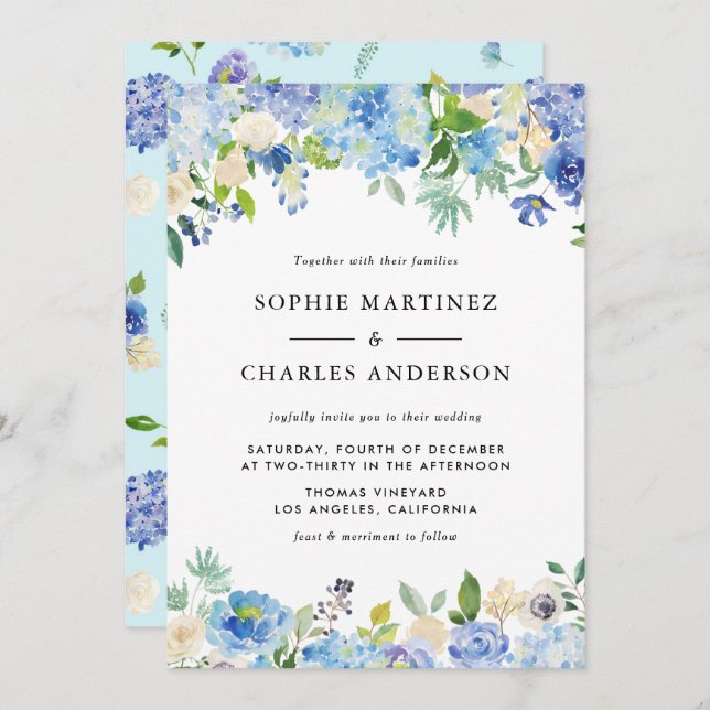 Invitation Aquarelle Blue Hydrangea Floral Garland Mariage (Devant / Derrière)