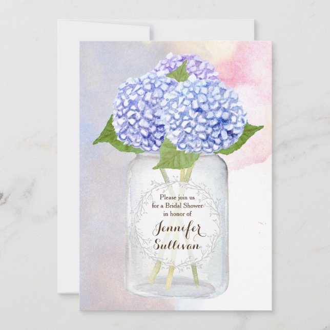 Invitation Aquarelle Blue Hydrangea Mason Jar Fête des mariée (Devant)