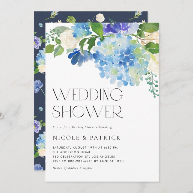 Invitation Aquarelle Blue Hydrangea Wedding shower Floral (Devant / Derrière)