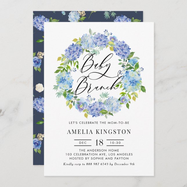 Invitation Aquarelle Blue Hydrangea Wreath Baby Brunch (Devant / Derrière)