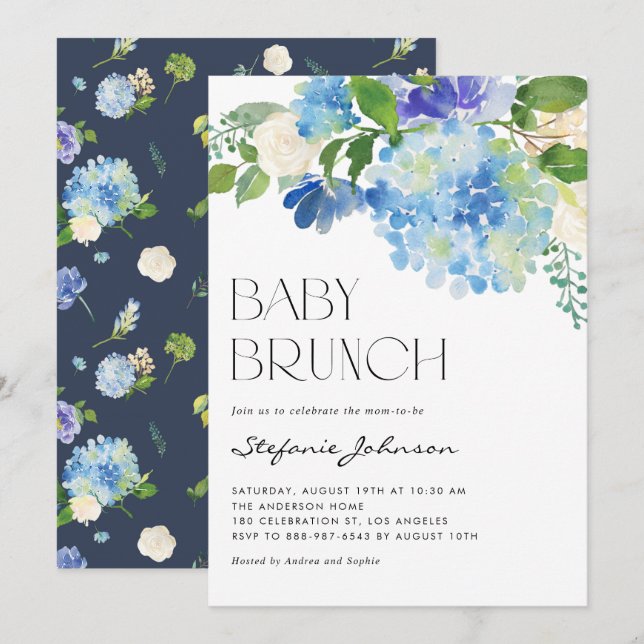Invitation Aquarelle Blue Hydrangeas Baby shower Brunch (Devant / Derrière)