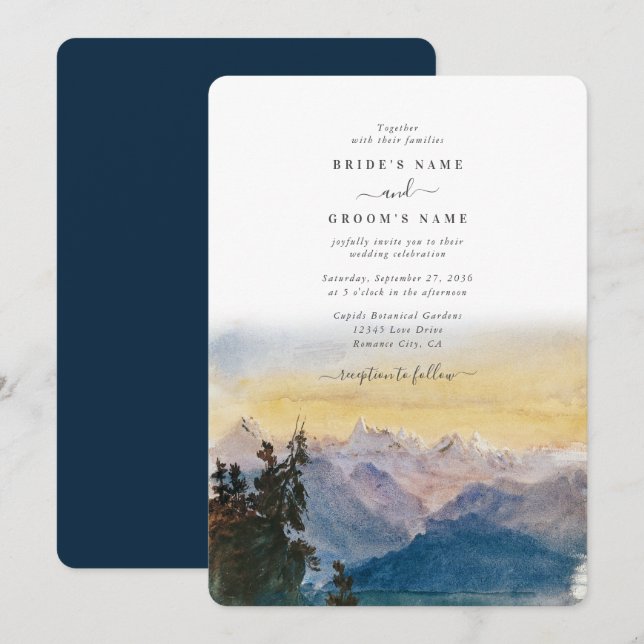 Invitation Aquarelle Blue Mountains Pine Mariage (Devant / Derrière)