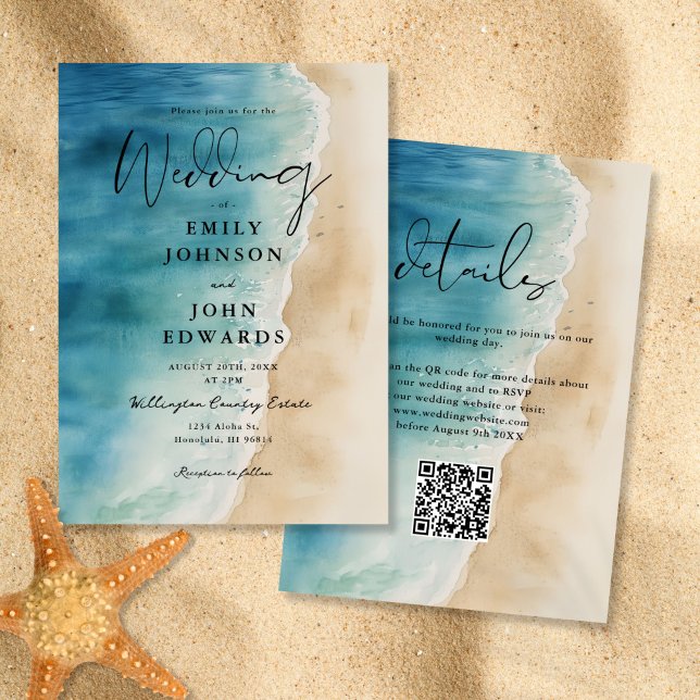 Invitation Aquarelle Blue Ocean Beach Sand QR Code Mariage (Watercolor Blue Ocean Beach Sand QR Code Wedding Invitation)