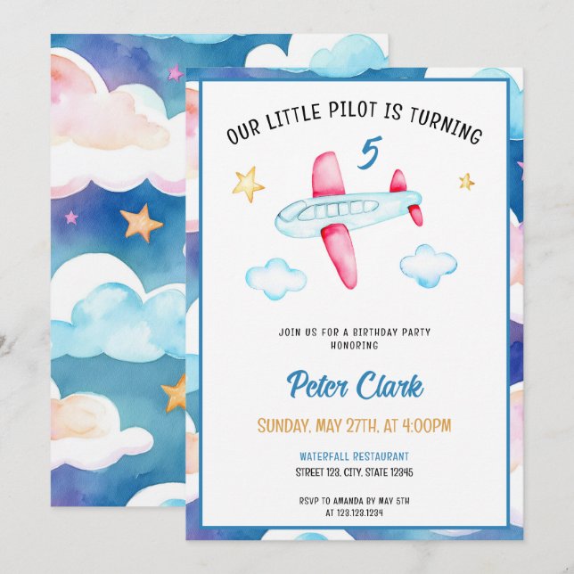 Invitation Aquarelle Blue Sky Cute Avion 5e anniversaire (Devant / Derrière)