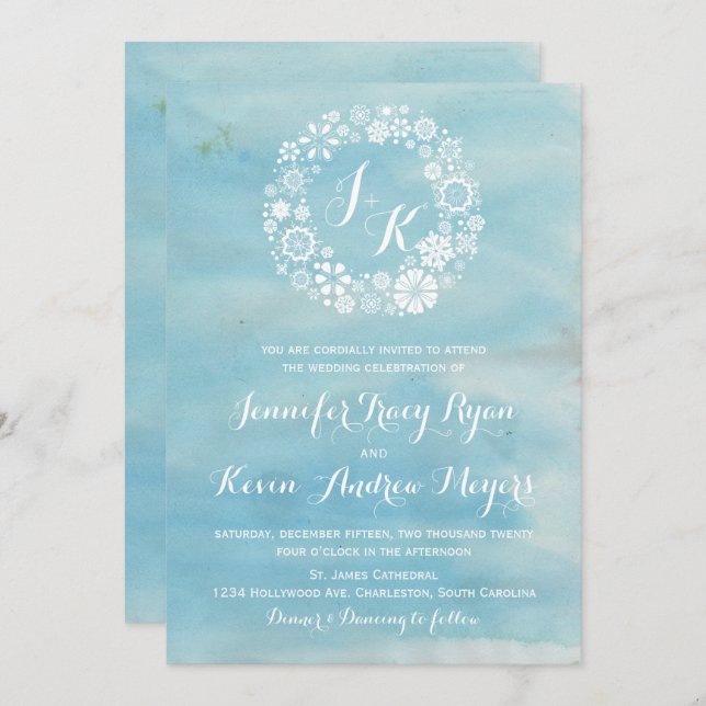 Invitation Aquarelle Blue Snowflakes Wreath Mariage I (Devant / Derrière)