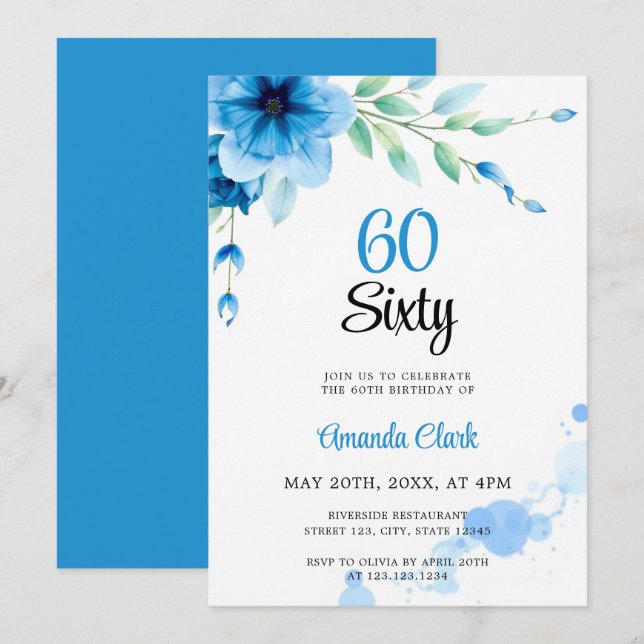 Invitation Aquarelle Blue Soft Bubbles Floral 60e anniversair (Devant / Derrière)