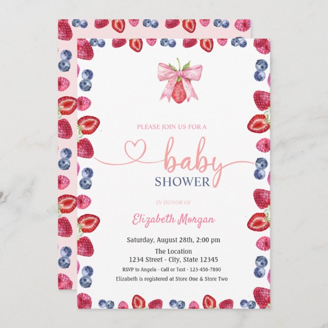Invitation Aquarelle Blueberry fraise Baby shower (Devant / Derrière)