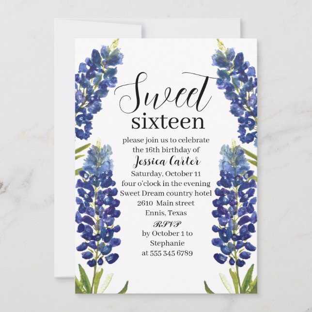 Invitation Aquarelle Bluebonnets Fleur sauvage Sweet 16 Seize (Devant)
