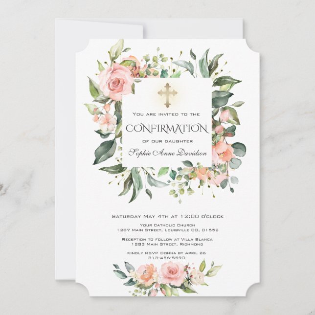 Invitation Aquarelle Blush Cream Floral Girl Confirmation (Devant)