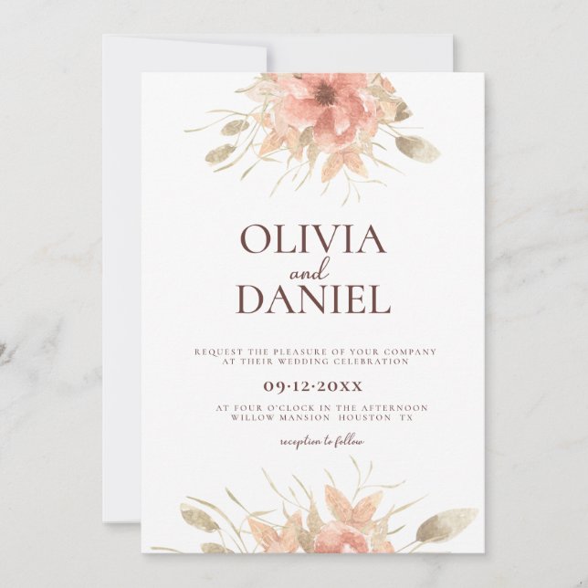 Invitation Aquarelle Blush Dusty Rose Floral Mariage (Devant)