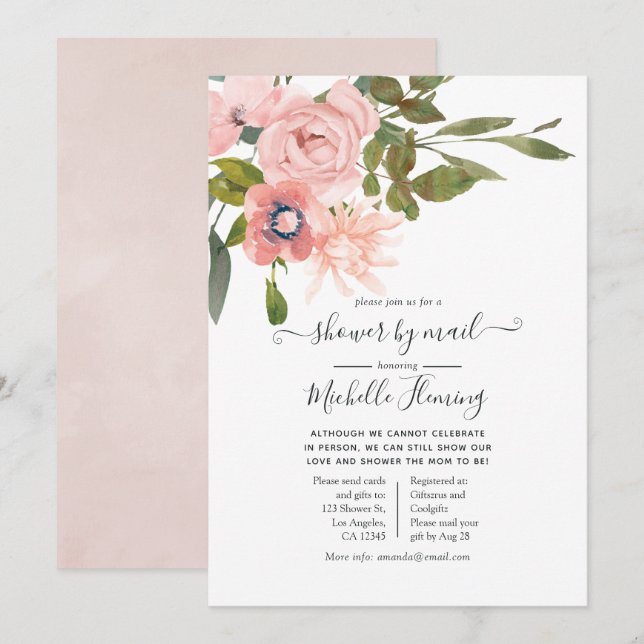 Invitation Aquarelle Blush et Baby shower Rose Gold par courr (Devant / Derrière)