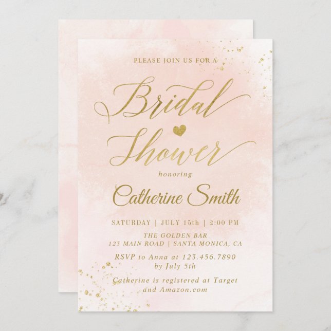 Invitation Aquarelle Blush et Fête des mariées Gold (Devant / Derrière)