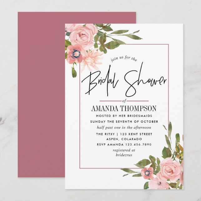 Invitation Aquarelle Blush et Fête des mariées or Rose (Devant / Derrière)