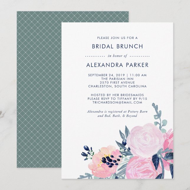 Invitation Aquarelle Blush et Marine Floral Bridal Brunch (Devant / Derrière)