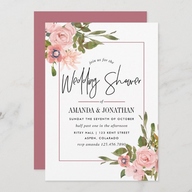 Invitation Aquarelle Blush et Rose Wedding shower or (Devant / Derrière)