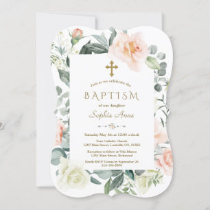Invitation Aquarelle Blush Fleurs blanches Gold Girl Baptême