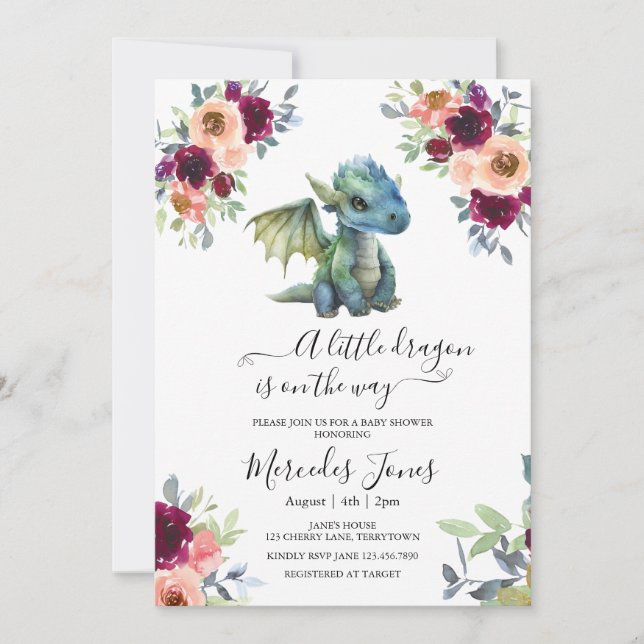 Invitation Aquarelle Blush Floral Blue Dragon Baby shower (Devant)