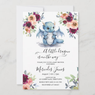 Invitation Aquarelle Blush Floral Blue Dragon Baby shower