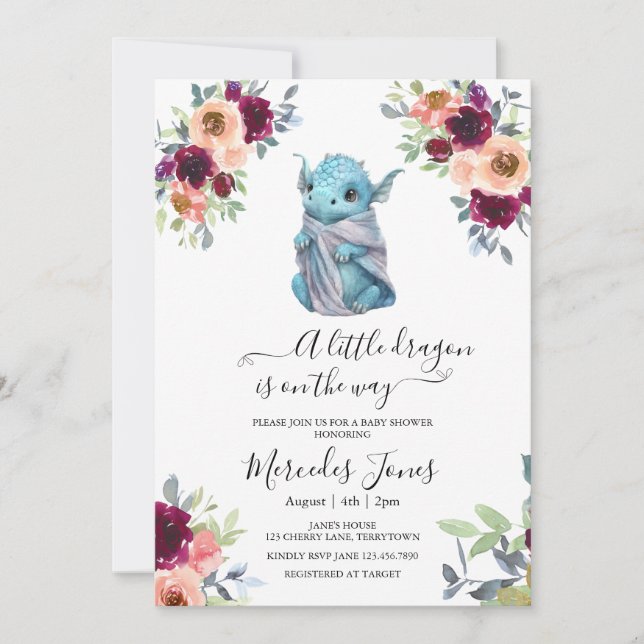 Invitation Aquarelle Blush Floral Blue Dragon Baby shower (Devant)
