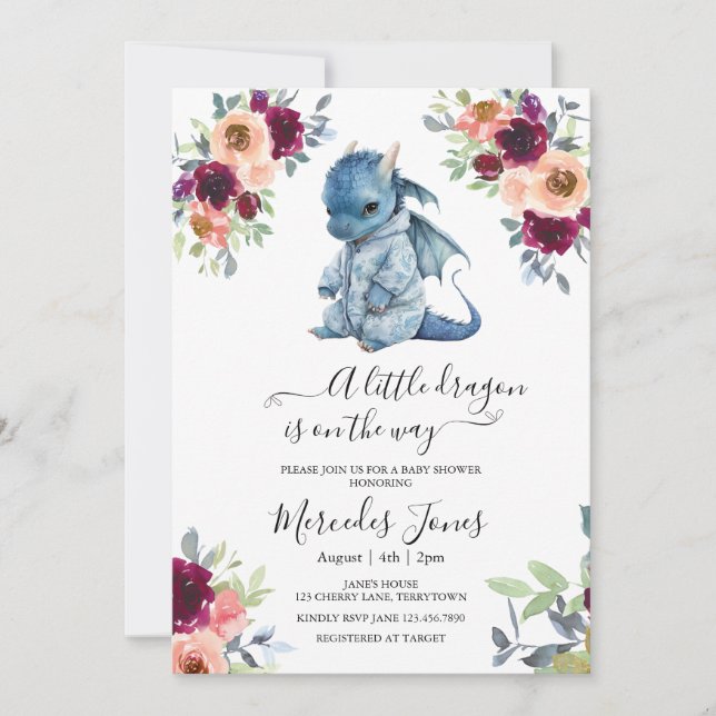 Invitation Aquarelle Blush Floral Blue Dragon Baby shower (Devant)