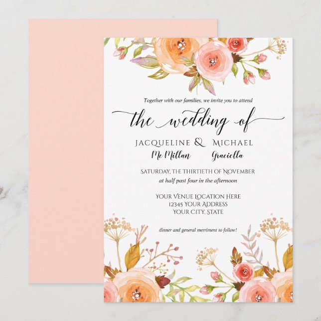 Invitation Aquarelle Blush Floral Mariage Rose Feuillage (Devant / Derrière)