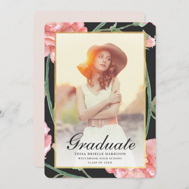 Invitation Aquarelle Blush Floral Photo Graduation Noir (Devant / Derrière)