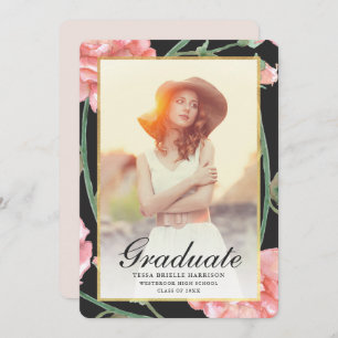 Invitation Aquarelle Blush Floral Photo Graduation Noir