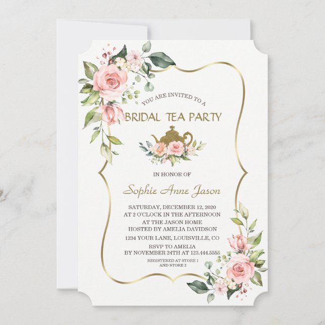 Invitation Aquarelle Blush Flowers Gold Bridal Tea Party (Devant)