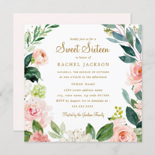 Invitation Aquarelle Blush Gold Floral Sweet sixteen Invitati