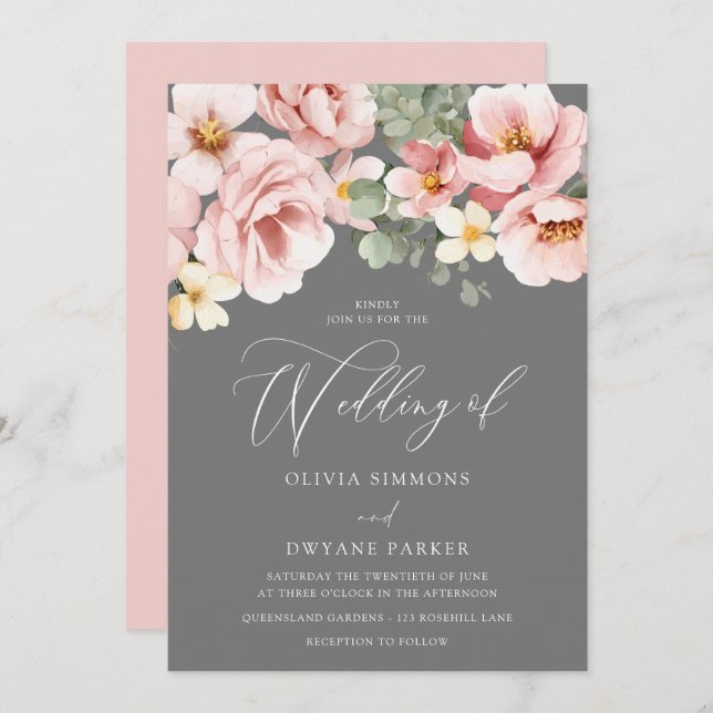Invitation Aquarelle Blush & Grey Floral Mariage (Devant / Derrière)