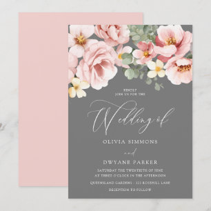 Invitation Aquarelle Blush & Grey Floral Mariage