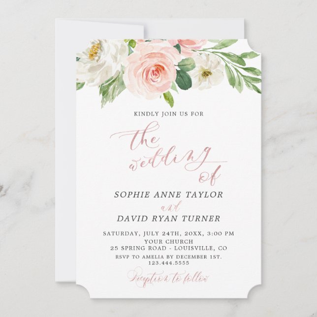 Invitation Aquarelle Blush Ivory Floral Rose Mariage or (Devant)