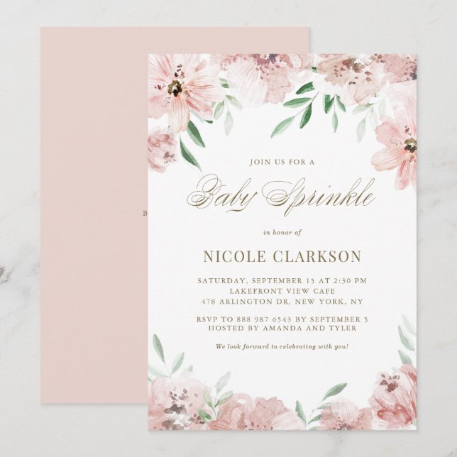 Invitation Aquarelle Blush Mauve Rose Fleurs Bébé Sprinké (Devant / Derrière)