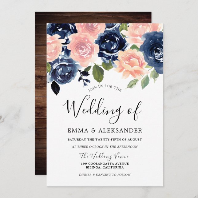 Invitation Aquarelle Blush & Navy Floral Rustique Mariage (Devant / Derrière)