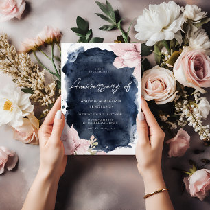 Invitation Aquarelle Blush Navy Toute l'année Anniversaire Ma