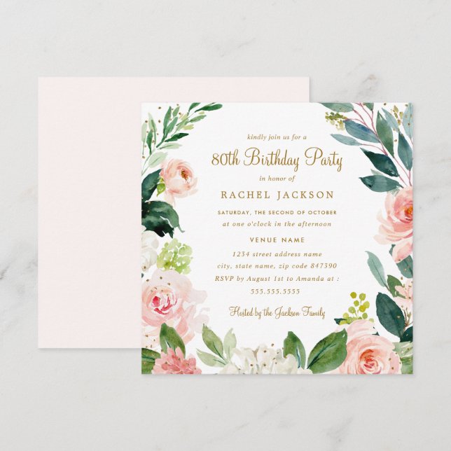 Invitation Aquarelle Blush or Floral 80e anniversaire Invitat (Devant / Derrière)