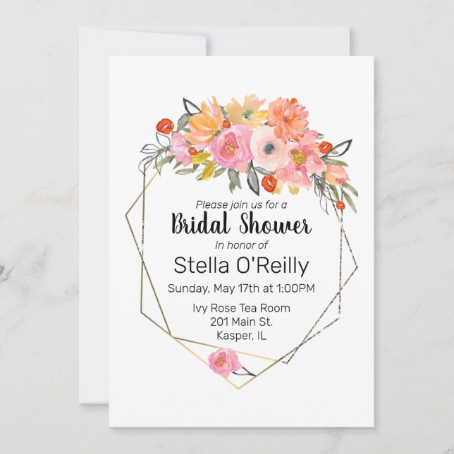 Invitation Aquarelle Blush Orange Jaune Cadre Or Floral (Devant)
