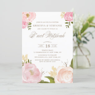Invitation Aquarelle Blush Peony rose Floral B'not Mitzvah