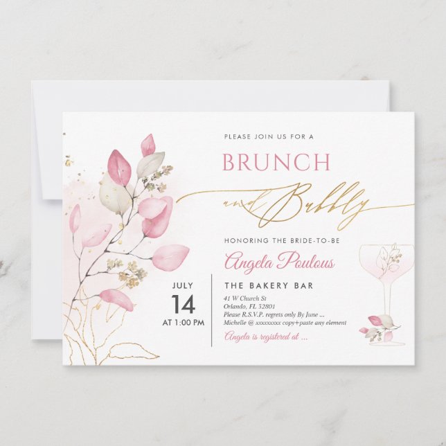 Invitation Aquarelle Blush Pink Gum Eucalyptus Brunch Bubbly (Devant)