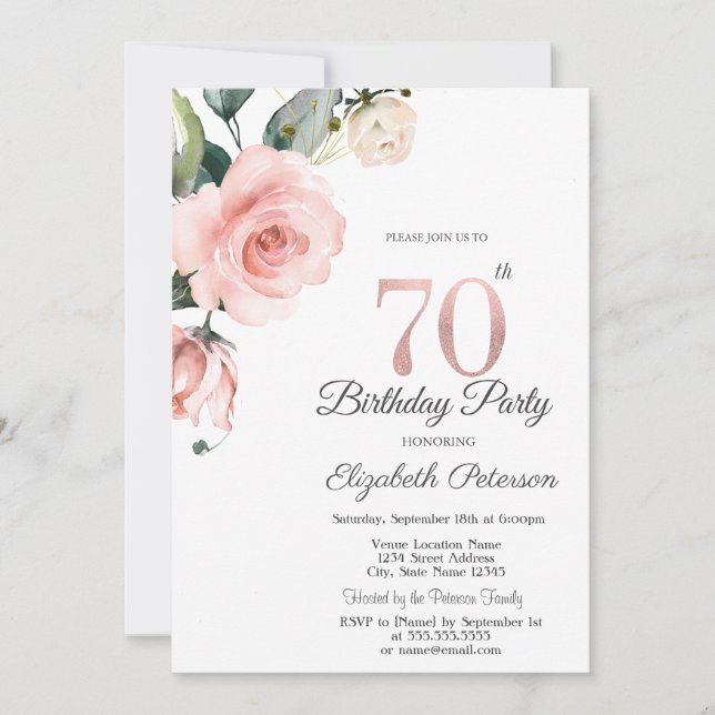 Invitation Aquarelle Blush Rose 70e anniversaire (Devant)