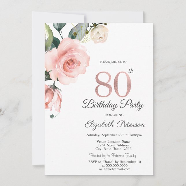 Invitation Aquarelle Blush Rose 80e anniversaire (Devant)