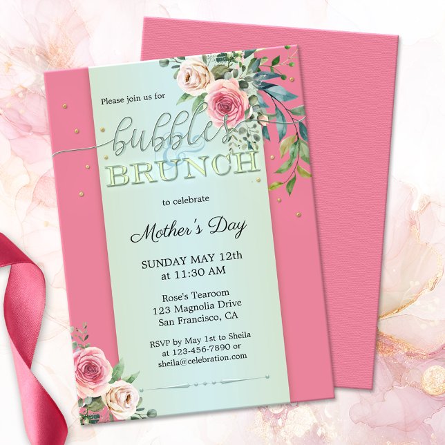 Invitation Aquarelle Blush Rose Bubbles et Brunch (Elegant Mother's Day bubbles & brunch invitation featuring watercolor blush pink roses on pastel)