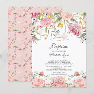 Invitation Aquarelle Blush rose Floral Girl Baptême
