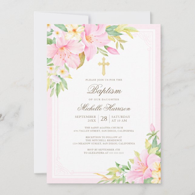 Invitation Aquarelle Blush rose Floral Girl Baptême (Devant)