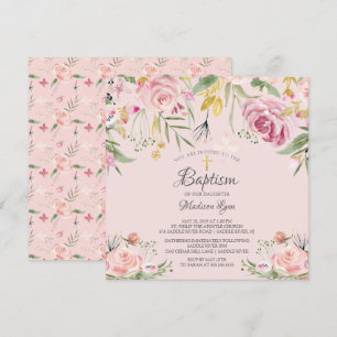 Invitation Aquarelle Blush rose Floral Girl Baptême